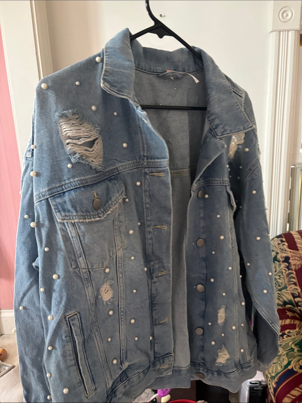 Free people Pearl-Embellished Distressed Light Blue Denim Jacket